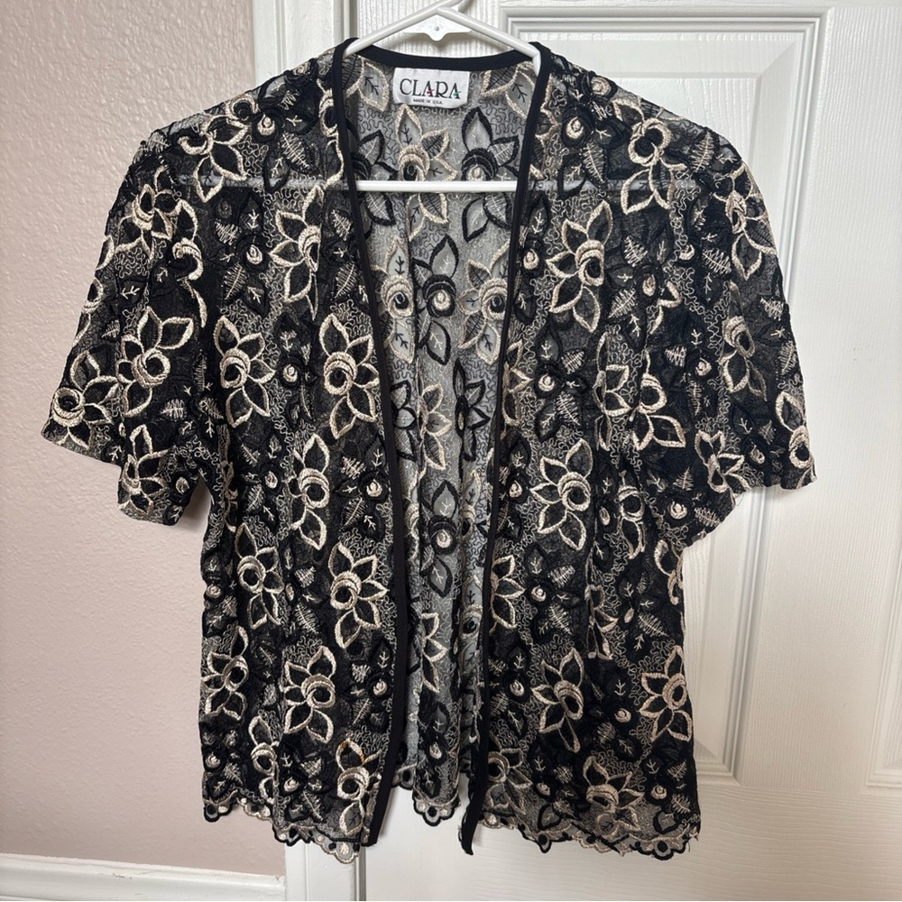 Vintage Clara Black Lace Embroidered Floral Open Front Top Sheer USA Made 90s